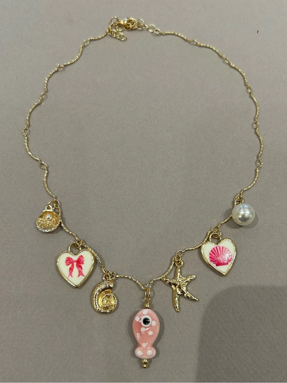 Gold-Plated Pink Shell & Charm Necklace A1697